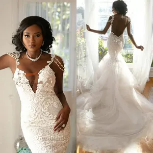 Black Girls Mermaid Wedding Dresses 2023 Lace Appliques Spaghetti Straps Bridal Gowns Backless African Sexy vestido de novia