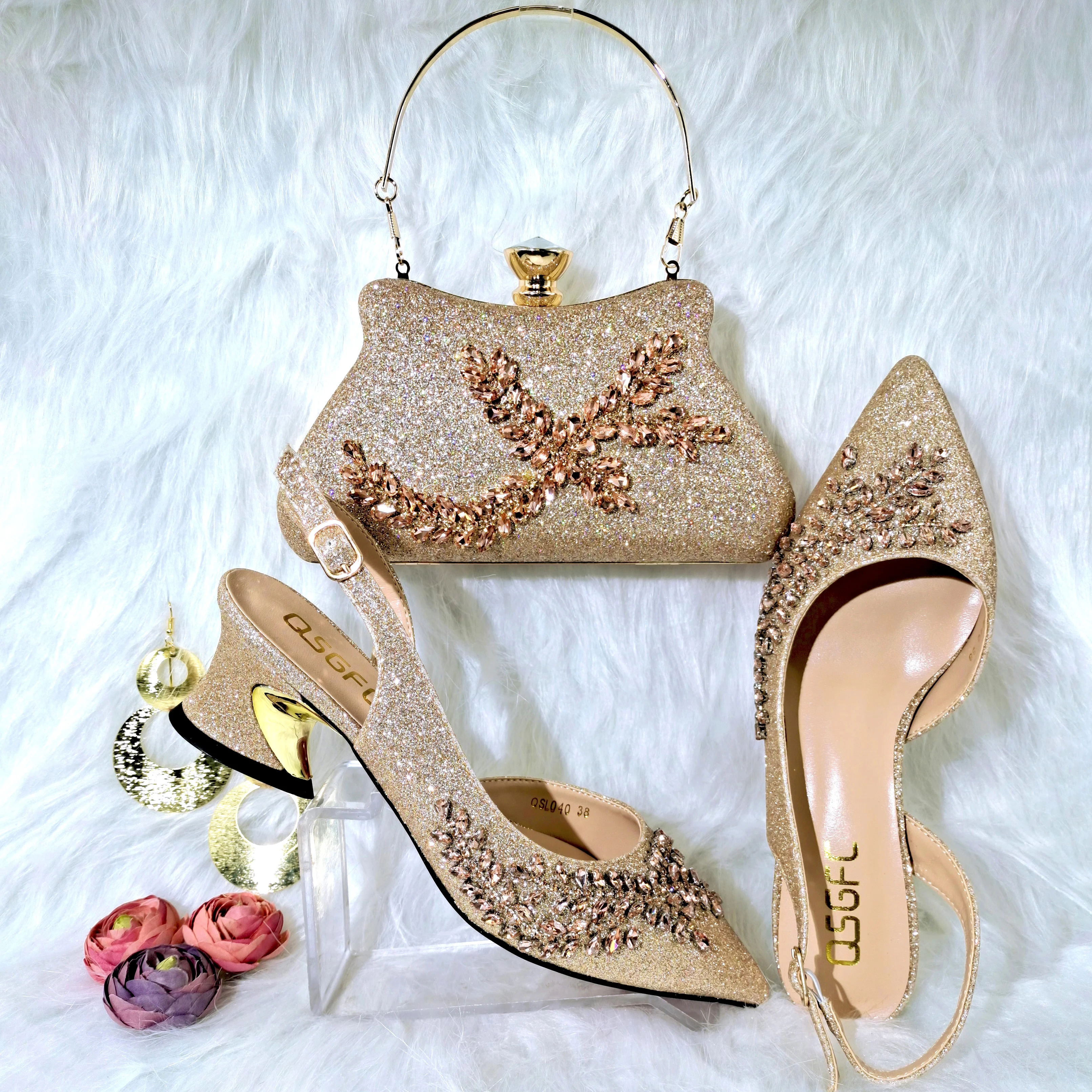 

QSGFC 2022 Peach Color Shaped Mid-heel Design Shoes Popular Pointed Ladies Shoes And Bags African Wedding Party Shoes With Bag