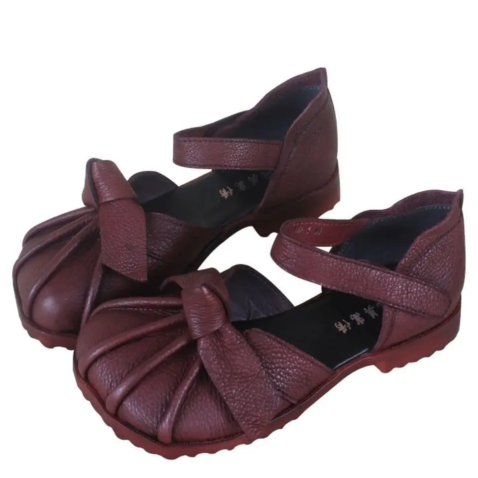 Women Retro Sandals Summer Pu Leather Breathe Comfort Ladies FlatsSlip On Black Mom Shoes Fashion Sandalias De Mujer