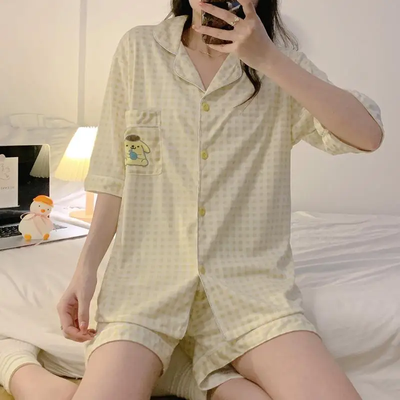 

Кавайная Пижама Sanrio, Милая женская летняя Клетчатая Пижама с помпоном, с коротким рукавом