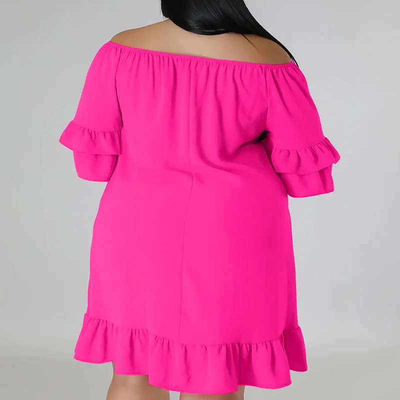 Plus Size Summer New Women's Clothing Solid Color Fashion Off Shoulder Patchwork Ruffles Half Sleeve Sweet Princess Dresses