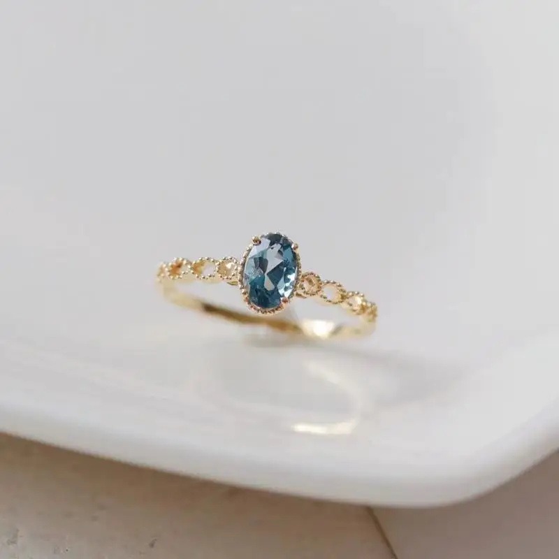 925 Sterling Silver 14K Gold Plated Blue Stone Zircon Stacking Ring for Women Fashion Luxury Geometric Design Trendy Jewelry
