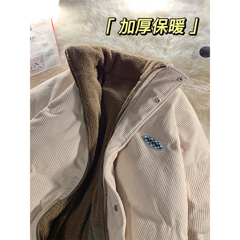 2022 Winter Women Corduroy Jacket Vintage Lamb Fleece Cotton Parkas Coat Fashion Thick Warm Clothes Loose Double-sided Outerwear