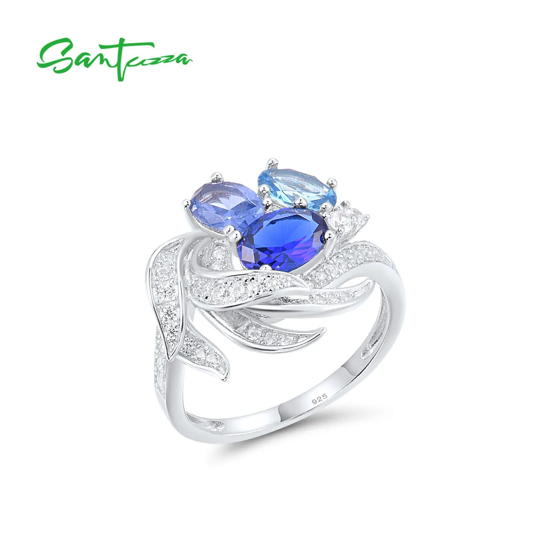 

SANTUZZA Genuine 925 Sterling Silver Rings For Women Sparkling Blue Spinel White Cubic Zircon Cluster Ring Trendy Chic Jewelry