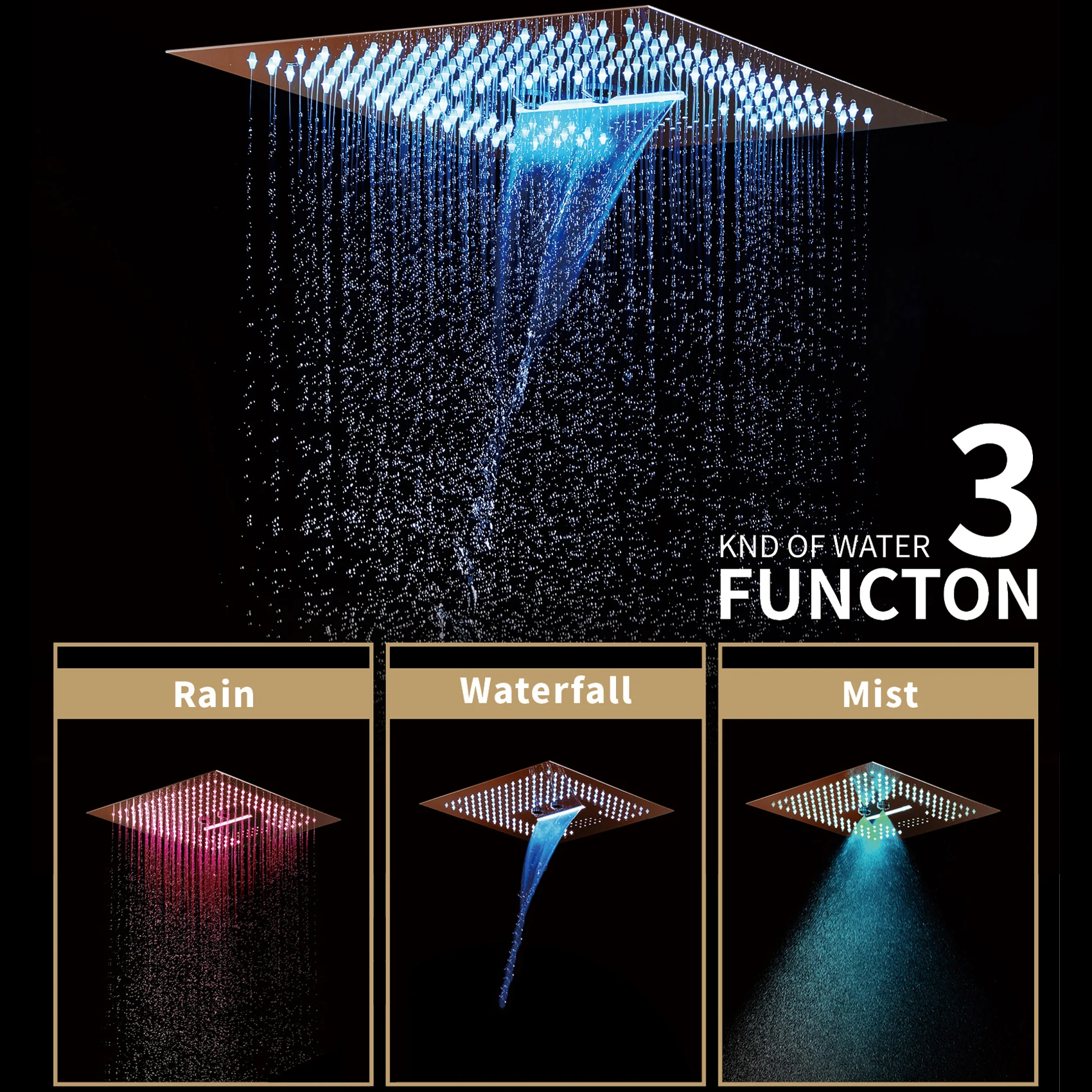 MBoenn Rose /Brushed/Polished Gold 4 Functions Rain Shower Systems Thermostatic Embedded LED Music Head Bathroom Diverter |