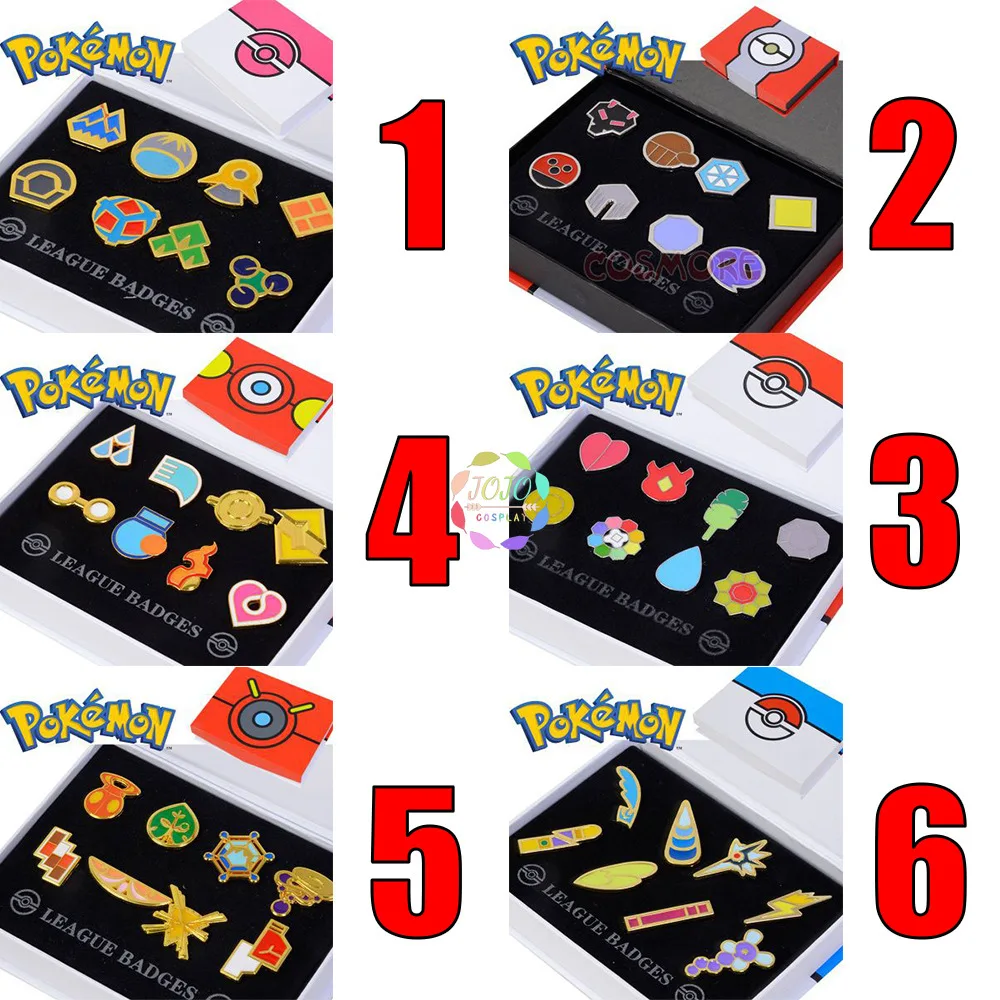 

Poke Gym Badges Kanto Johto Hoenn Sinnoh Unova Kalos League Region Pins Brooches Orange Islands Box Collection Pocket Monster