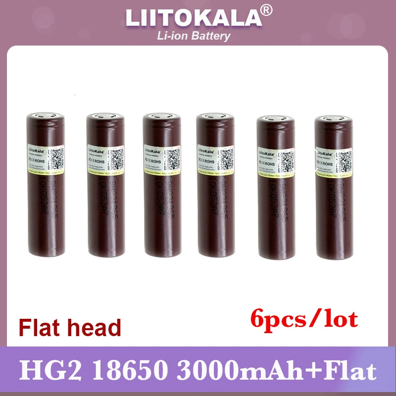 

6pcs Hot Liitokala HG2 18650 3000mAh battery 18650HG2 3.6V discharge 20A dedicated For hg2 batteries Flat head + DIY Nickel
