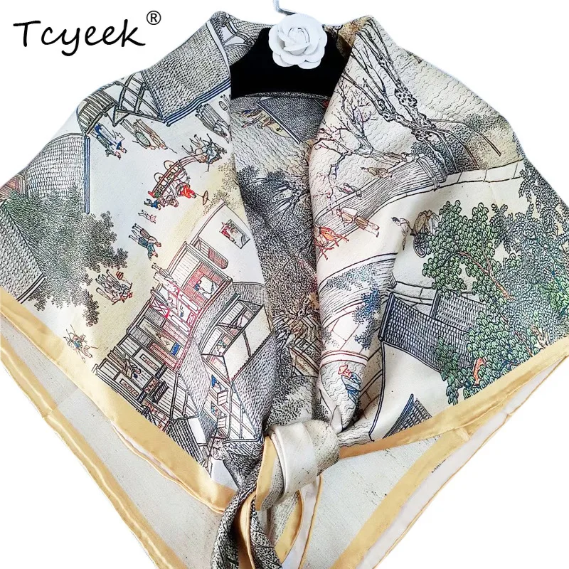 Фото Tcyeek, 100% настоящие шелковые элегантные шарфы, винтажный принт 110 см, подарок для мамы, модный шикарный шарф в стиле ретро, лето 2023, осень A465133QM №4