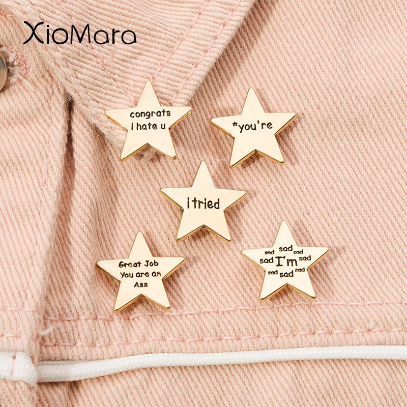 

I'm sad Gold Star Enamel Letter Brooches Pins Congrats i hate u i tired Lapel Badge Creative Jewelry for Kids Friends