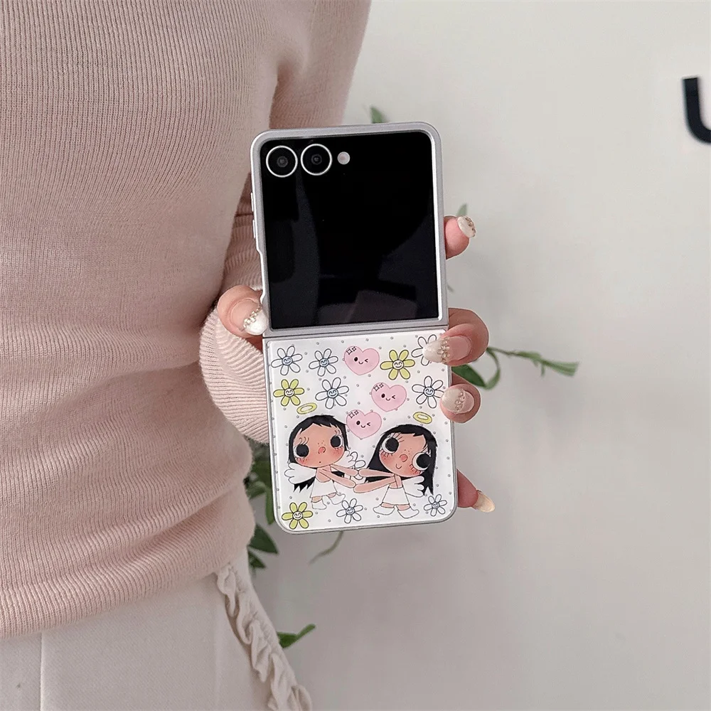 Фото Милый корейский чехол с цветами и мультяшной девочкой для Samsung Galaxy Z Flip7 7 FE Flip 7 6 5 Flip 5 6, противоударный, кавайный №1