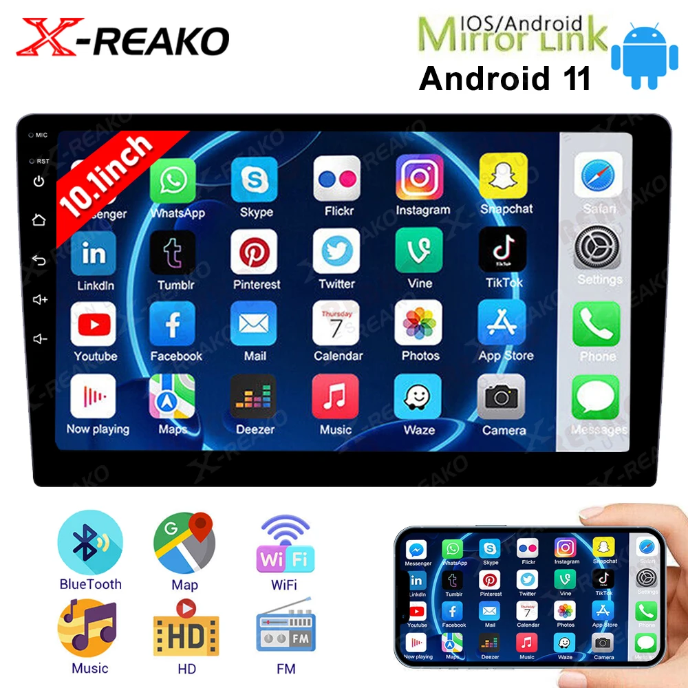 

X-REAKO Android 11 Универсальный 1 Din автомобильный радиоприемник 10 дюймов Bluetooth Видео Мультимедиа WiFi BT GPS навигация Mirror Link