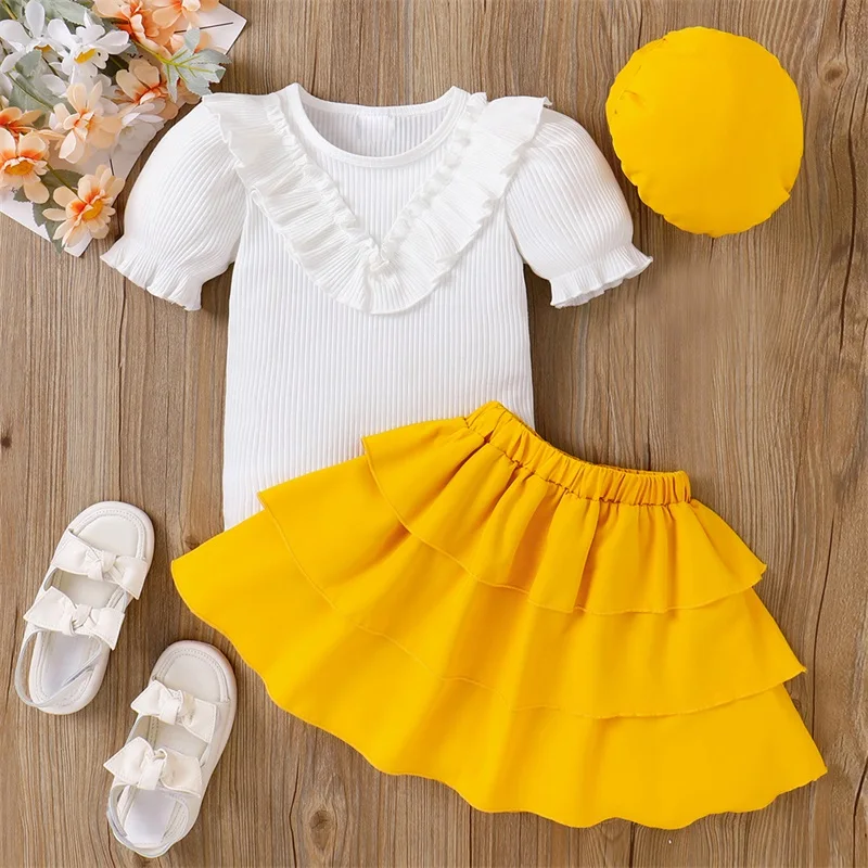 

3 шт., детский трикотажный берет с коротким рукавом и круглым вырезом