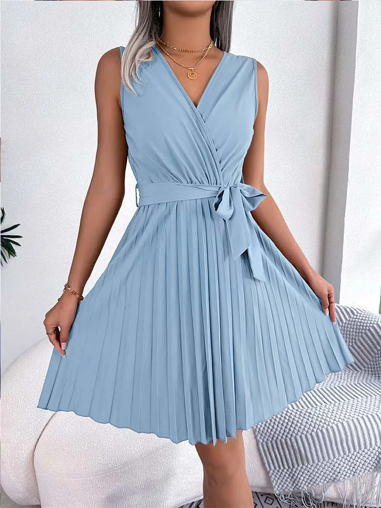 

Femme A-line 2023 Sexy Dresses Summer Party Elegant Clubwear V-neck Pleated Mini Sundress Sashes Sleeveless Women Dress H214