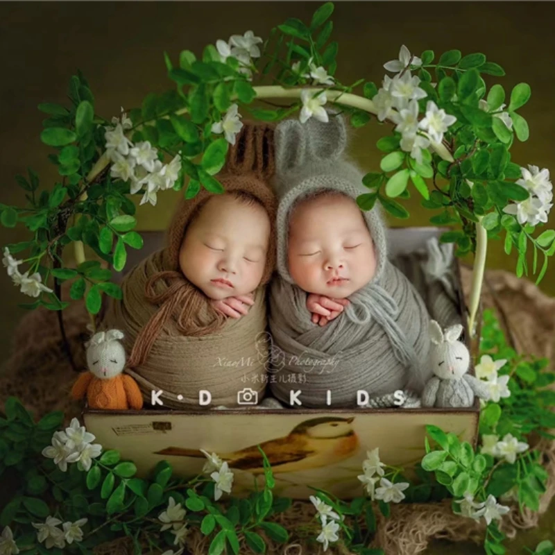 Newborn Baby Photography Props Floral Backdrop Bunny Doll Twins Posing Hanging Bucket Wrap Fotografia Studio Shoot Photo Props