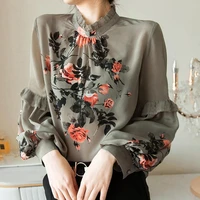 2021 spring new silk shirts womens printed tops slimming lantern sleeves floral tops sexy blouse blusas floral
