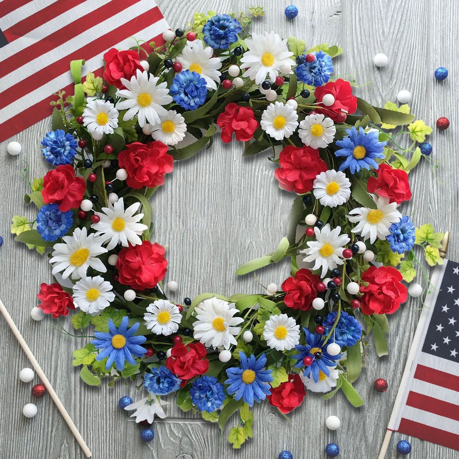 

Artificial Flower Wreath Garlands White Red Blue Colors Patriotic Decorations Memorial Day Front