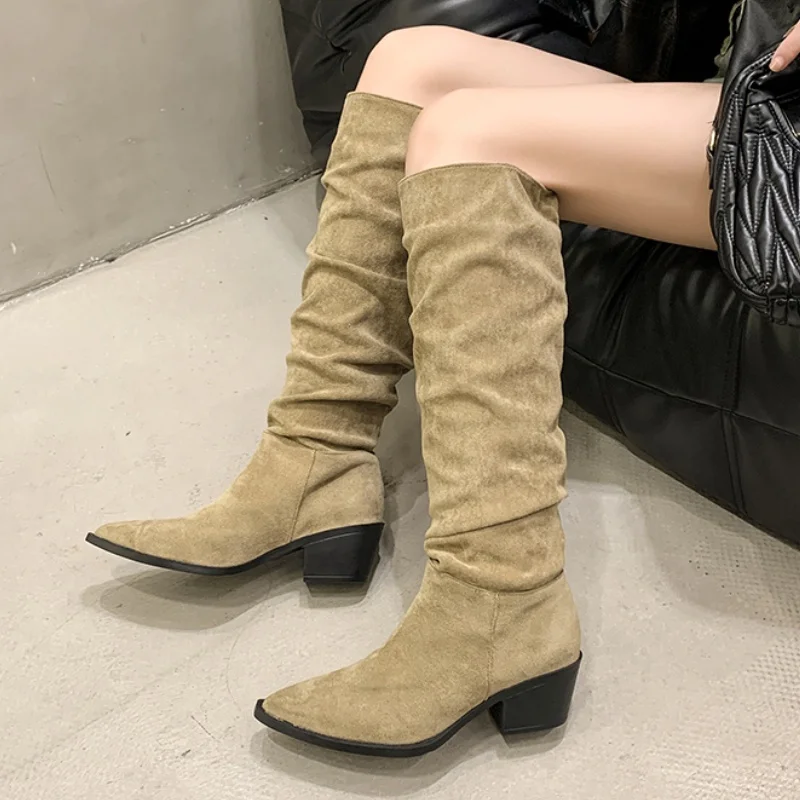 Плиссированные женские высокие сапоги замшевые туфли на среднем каблуке зима 2025