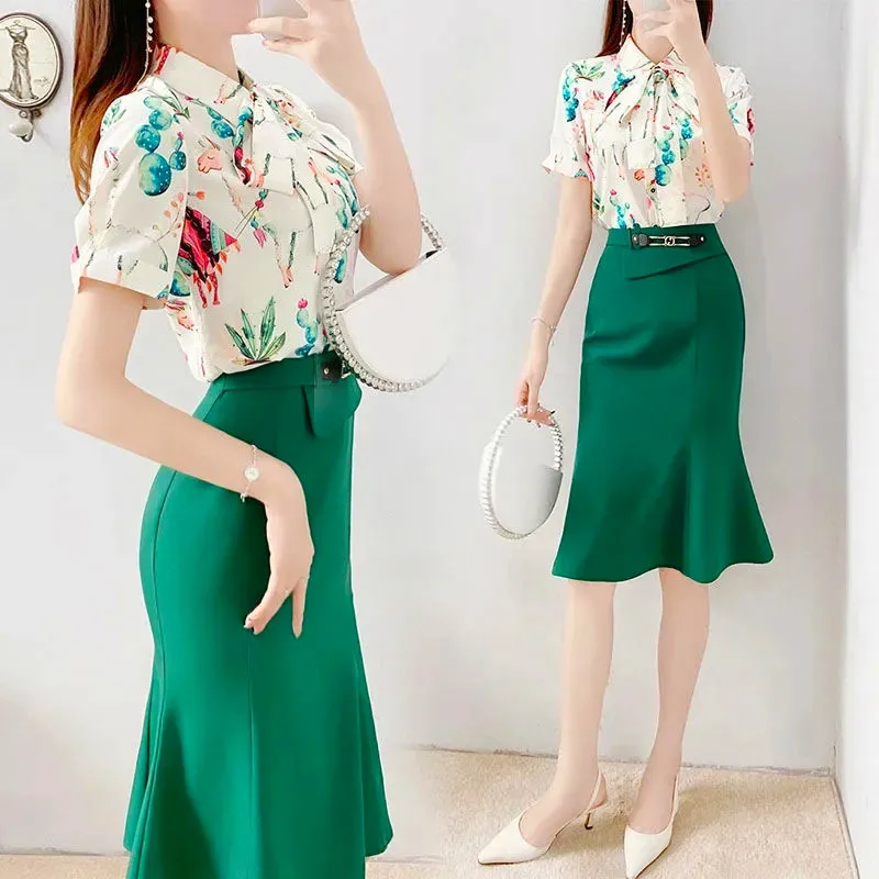

New summer runway skirt suits women's cartoon printed bows blouse shirts tops + Mermaid Slim skirt suits set NS147