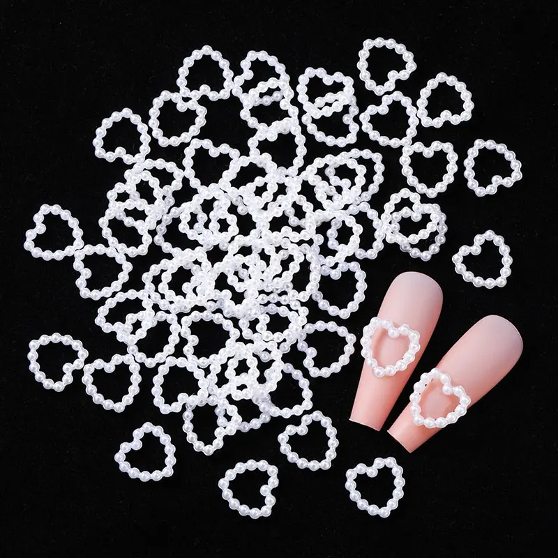 

100Pcs/Bag Hollow Heart Pearl Nail Art Charms White Pink Purple Pearl Round Flatback 3D Nail Decoration DIY Nail Accessories