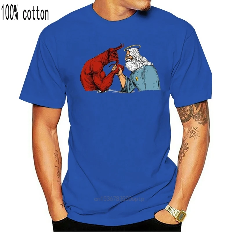 

Man Clothing Satan Vs God War T-Shirt Satan And God Armwrestling War Unisex God Satan T-Shirt Custom Print Tee Shirt