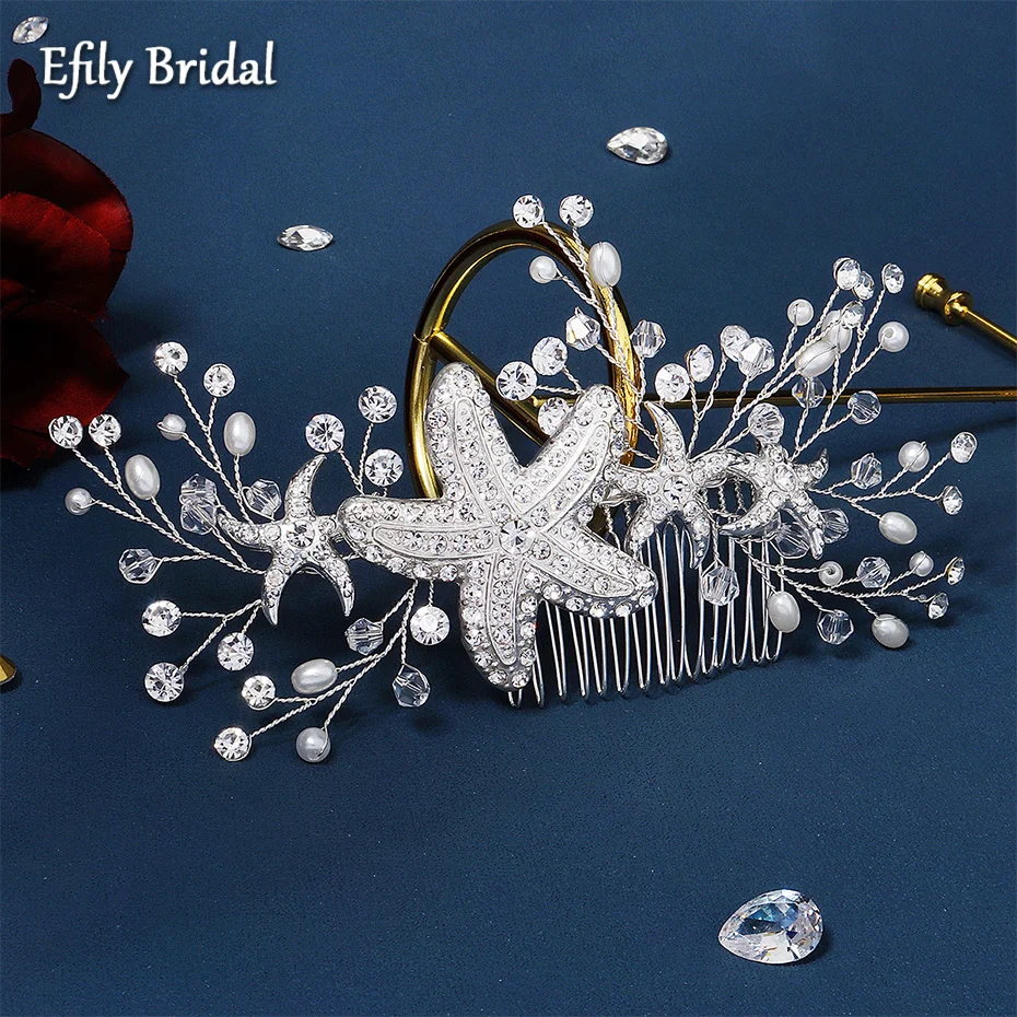 

Starfish Bridal Hair Comb Silver Color Rhinestone Pearl Wedding Hair Accessories for Women Crystal Bride Headpiece Head Jewelry
