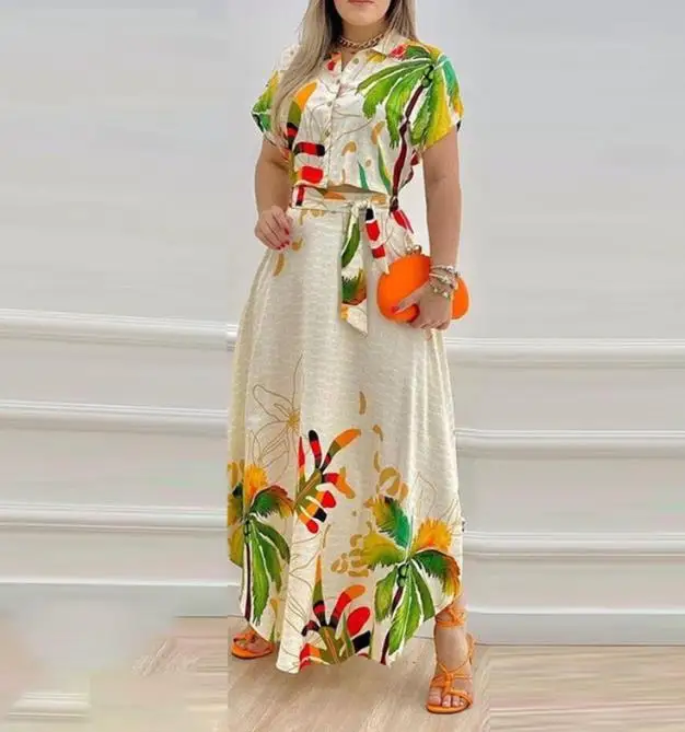 

Elegant Summer Outfits for Women 2023 Two Piece Set Fashion Printed Polo Button Top&ruffled Half Skirt Set Temperament Commuting