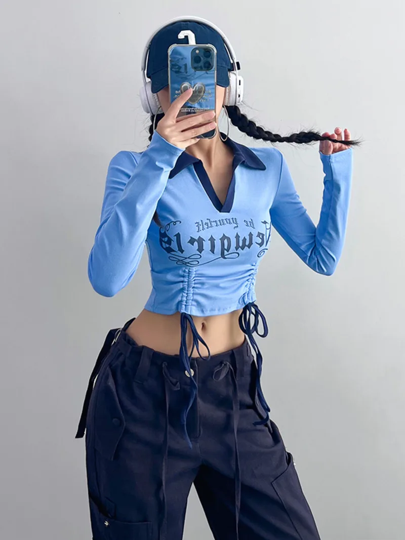 

Футболка женская с длинным рукавом, V-образным вырезом и высокой талией