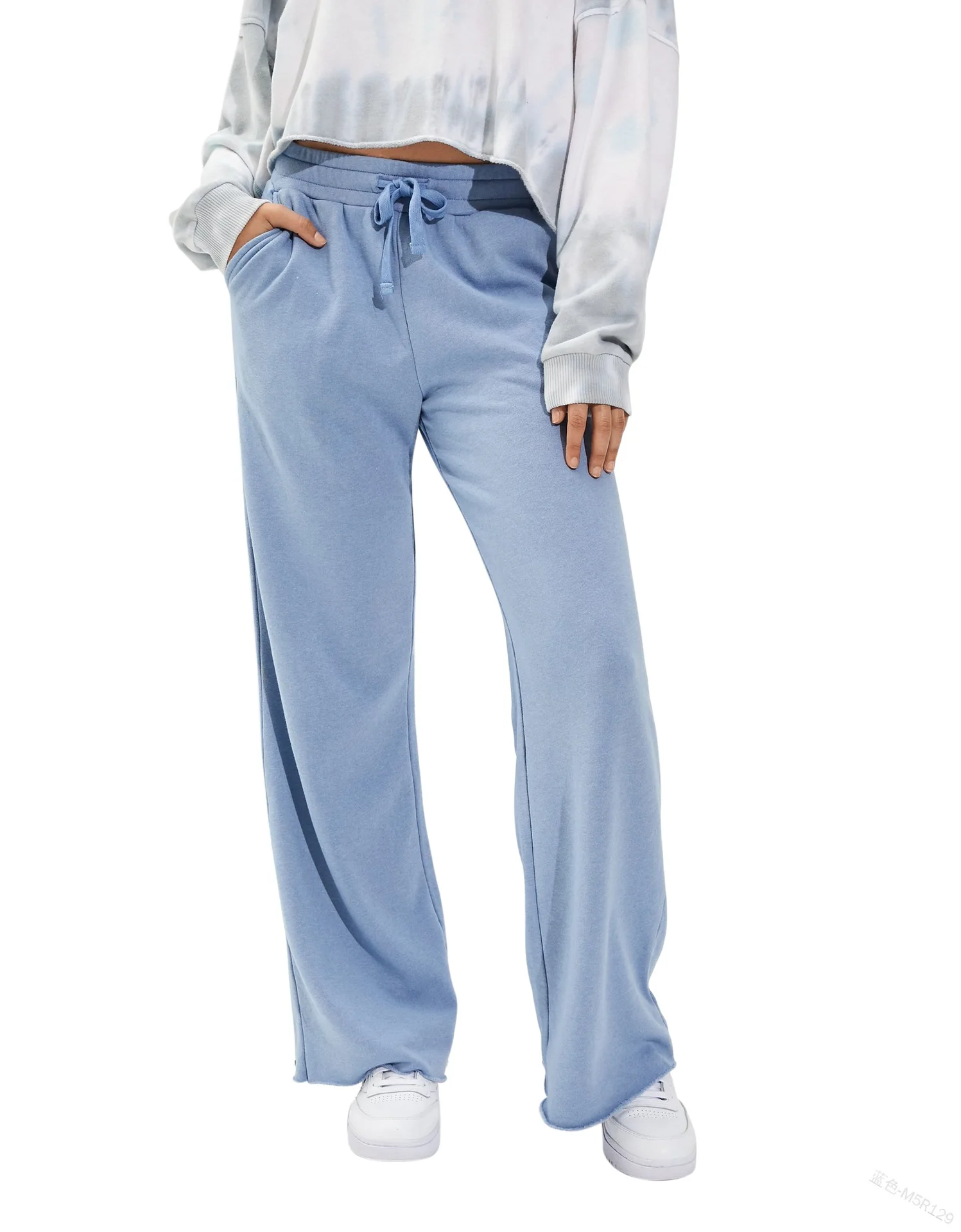 

Women Trousers Solid Color Drawstring Elastic Band Fashion Pocket Sports Solid Color Summer Fashion Casual Straight Wide Pants