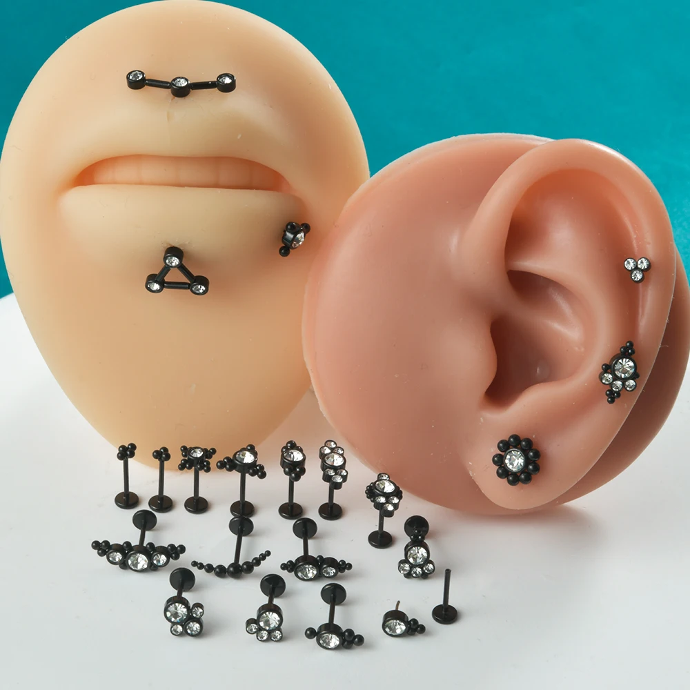 Кольцо для губ черное стальное с фианитом пуш-ап без резьбы Кристальный кластер
