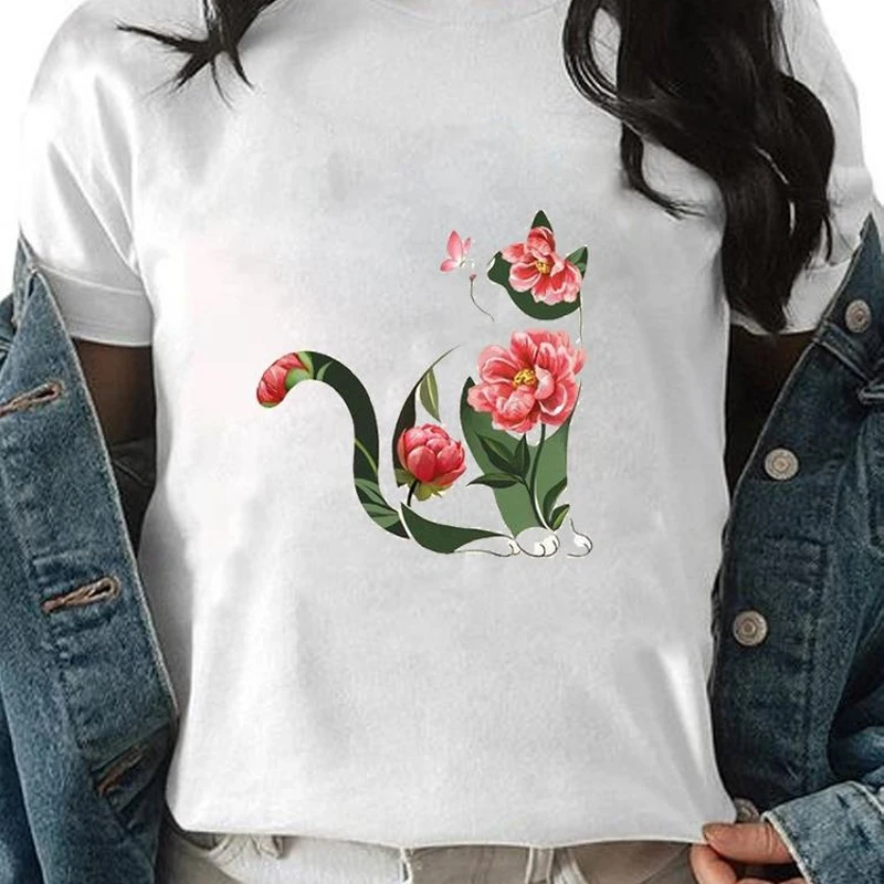

Flower Print T-Shirt Girls White Y2k Clothes Women's T Shirt Female Blouse Summer Round Neck Short Sleeve T Shirt Butterfly Tops