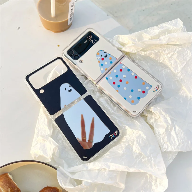 

Cartoon Mirror Wave Point Ghost Phone Case for Samsung Galaxy ZFlip 4 3 Hard Cover for ZFlip3 Zflip4 Solid Shell Bracket
