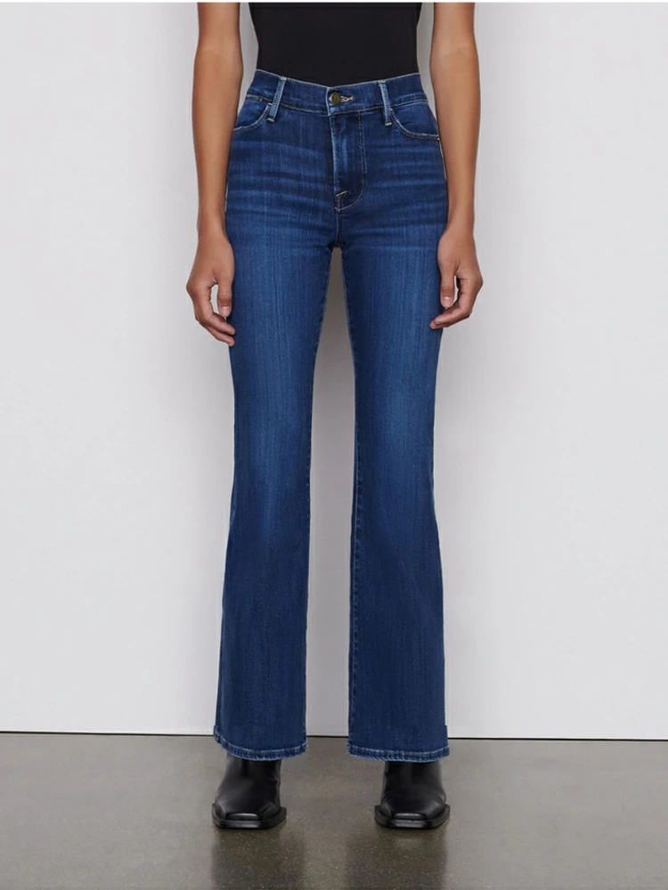 

IOO Spring 2023 New High-waisted Dark Blue Elastic Loose Flared Leg Denim Pants Brand Women Jeans Free Shipping