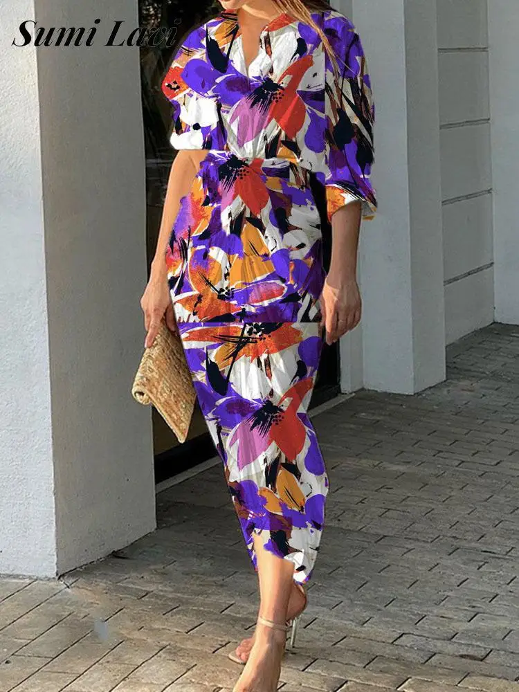 

Женское длинное приталенное платье-рубашка, элегантное офисное платье с отложным воротником и коротким рукавом, приталенное платье со скла...