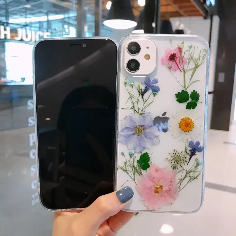 

Hot Sales Real Dried Flowers Transparent Phone case For iphone 13 12 11 pro Max XS Max XR X 7 8 plus SE 2020 Soft Silicone Cover