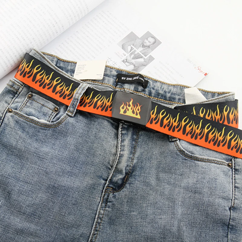 

Ремень брезентовый для мужчин и женщин, яркий супер прочный пояс в стиле хип-хоп, в форме огня, 130 см, большие размеры