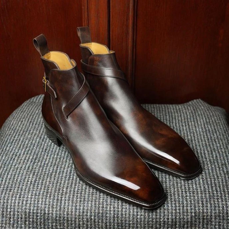 

Brown Buckle Strap Men Short Boots Square Toe Business Boots for Men with Free Shipping Zapatos Outdoor Hombre Invierno