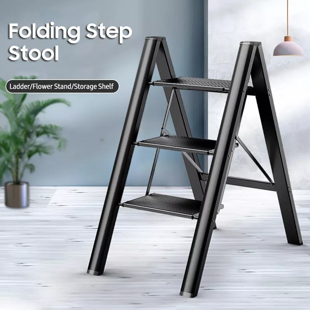 

Household Three-step Folding Telescopic Ladder Thickened Aluminum Carbon Steel Herringbone Ladder Rack RackPortableLadder