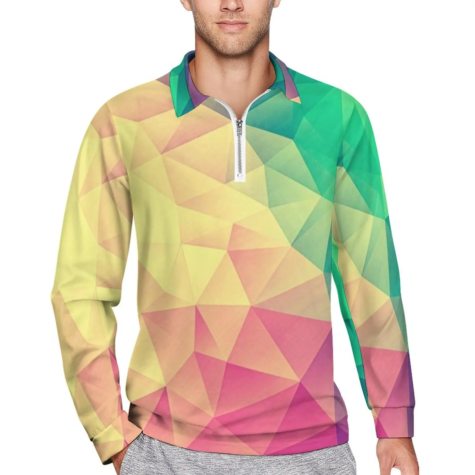 

Мужская футболка-поло с абстрактным геометрическим принтом, разноцветная Повседневная рубашка с треугольным вырезом, осенняя футболка с забавным воротником, топ большого размера с длинными рукавами