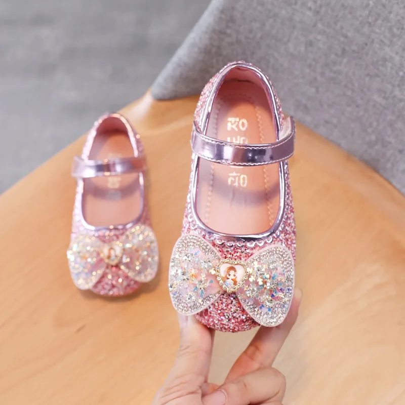 

Туфли Мэри Джейн новые милые кожаные туфли принцессы для девочек с блестками обувь для маленьких девочек детские туфли с бантом Стразы на плоской подошве
