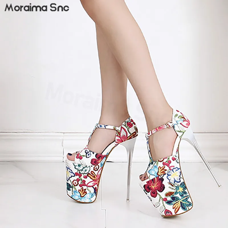 Colorful Flower Embroidery Super High-Heeled Pumps Stiletto Ankle Buckle Water Platform Fish Mouth Sexy High-Heeled Sandals
