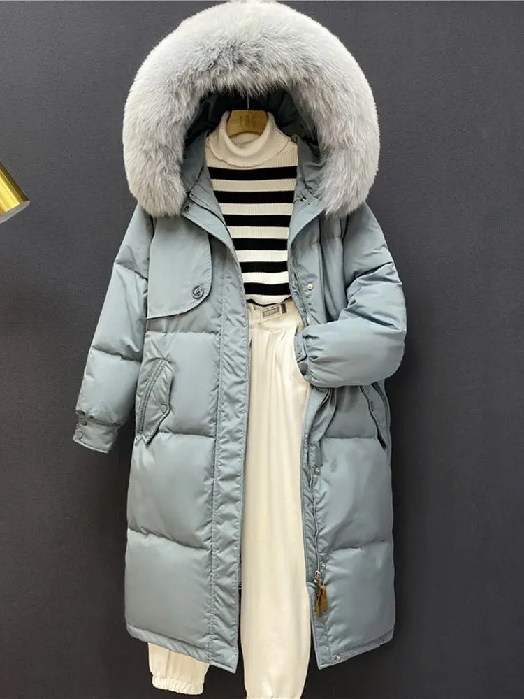Women Long Down Jacket New Casual Style Fox Fur Collar White Duck Down Jackets Autumn Winter Coats And Parkas Female Outwear