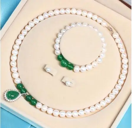 

Ожерелье с пресноводным жемчугом 7-8 мм, нефритовый кулон, браслет, серьги, набор аксессуаров, серебро 925 пробы, застежка, циркониевые кристал...