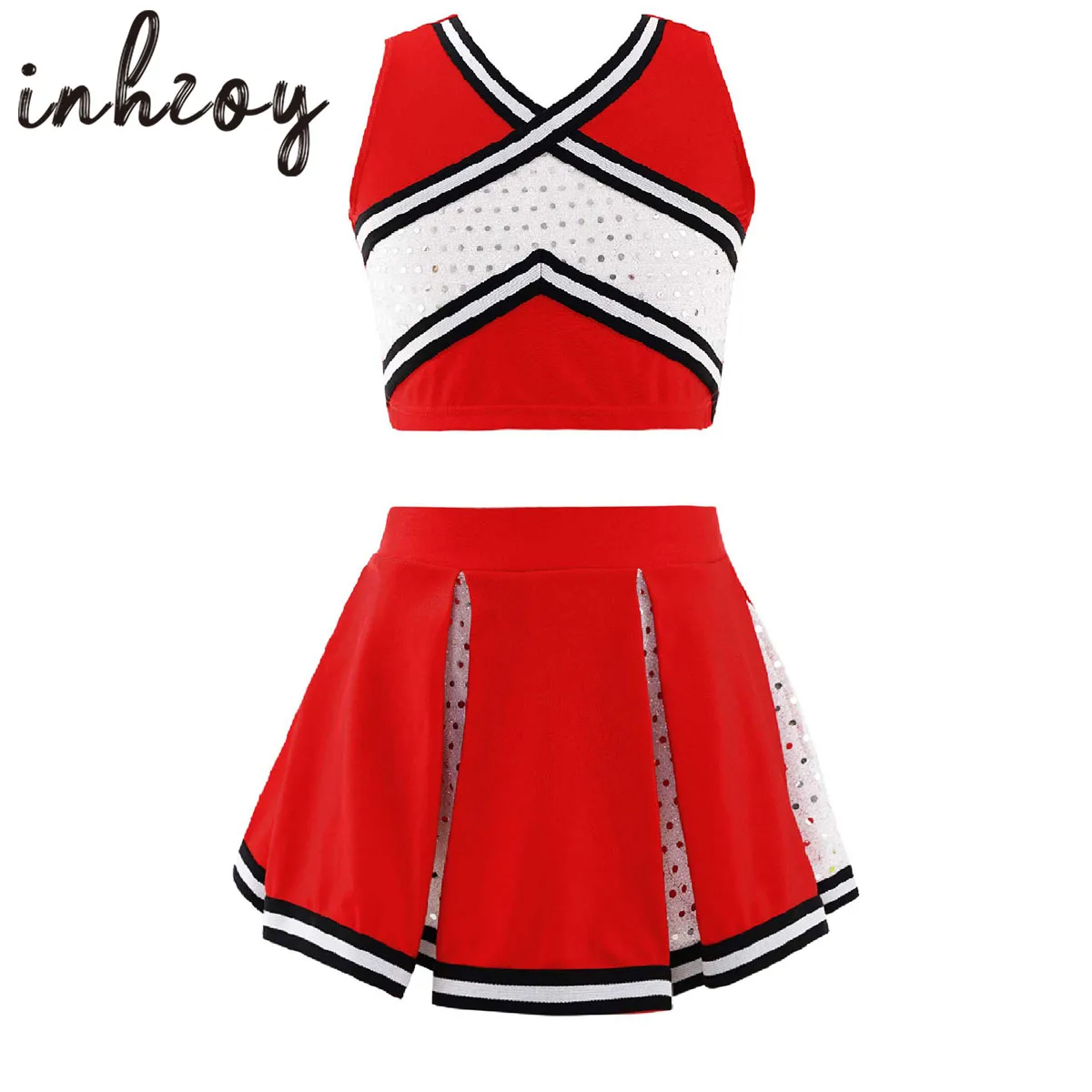 

Cheerleader Uniform Costume Kids Girls Children Sparkly Sequins Fancy Dress Cheer Leader Top with Skirt Set