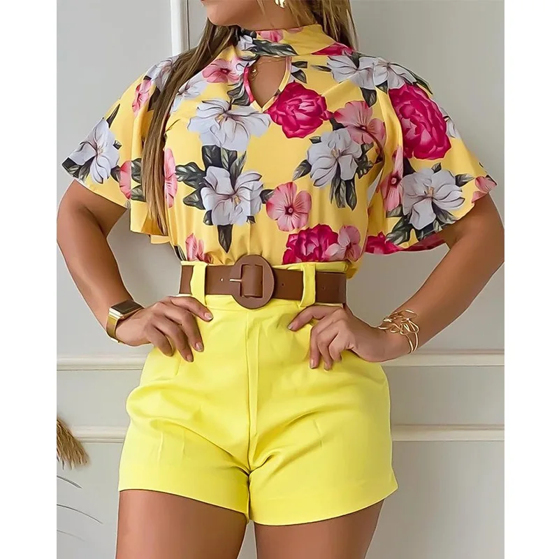 

Mandylandy Women Tracksuit Two Piece Shorts Set Lady Fashion Floral Print Shirt + High Waist Straight Shorts Suit Set Outfits