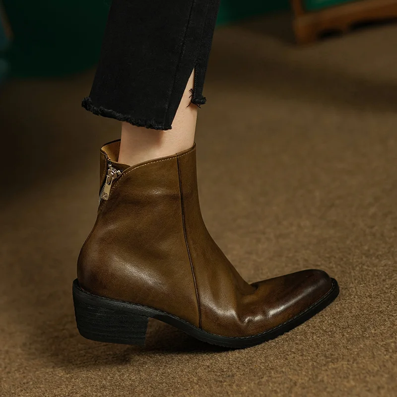 

Ботинки женские короткие из воловьей кожи, на толстом каблуке, демисезонные