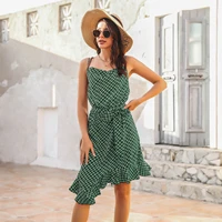 green plaid print casual beach dresses sexy spaghetti strap ruffled short dress summer slim lace up asymmetrical bohemia dress