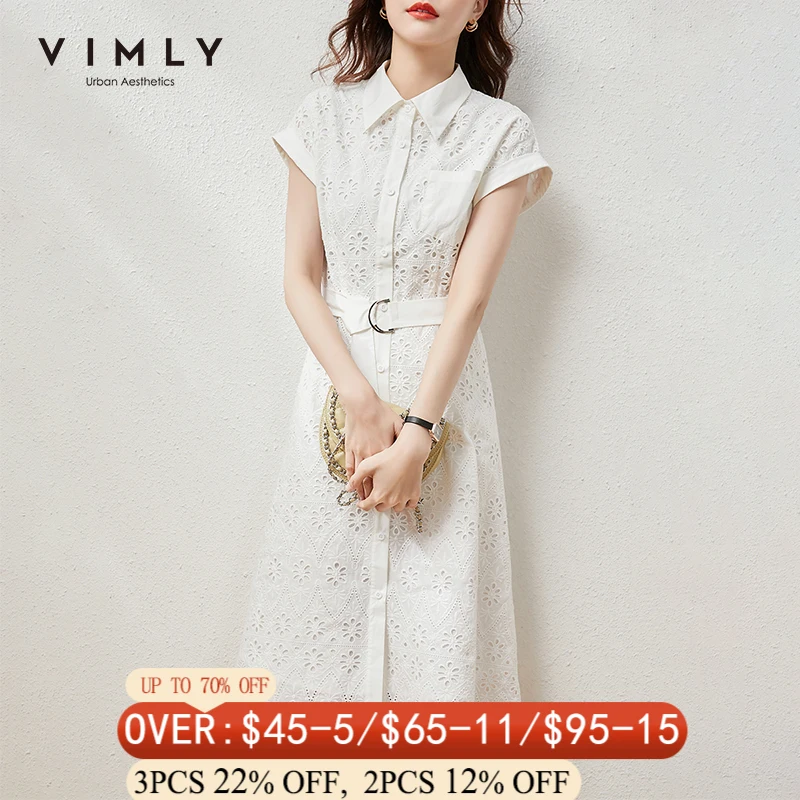 

VIMLY Summer Dresses For Women Elegant Shirt Dress 2021 Embroidered Aline Dress Office Lady Dress Female Vestidos Wedding F6775