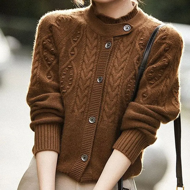 

Korean Stand Collar Twist Simple Kawaii Single Breasted Knitted Cardigan Coats Autumn Winter New Fashion Soft Sweaters for Women