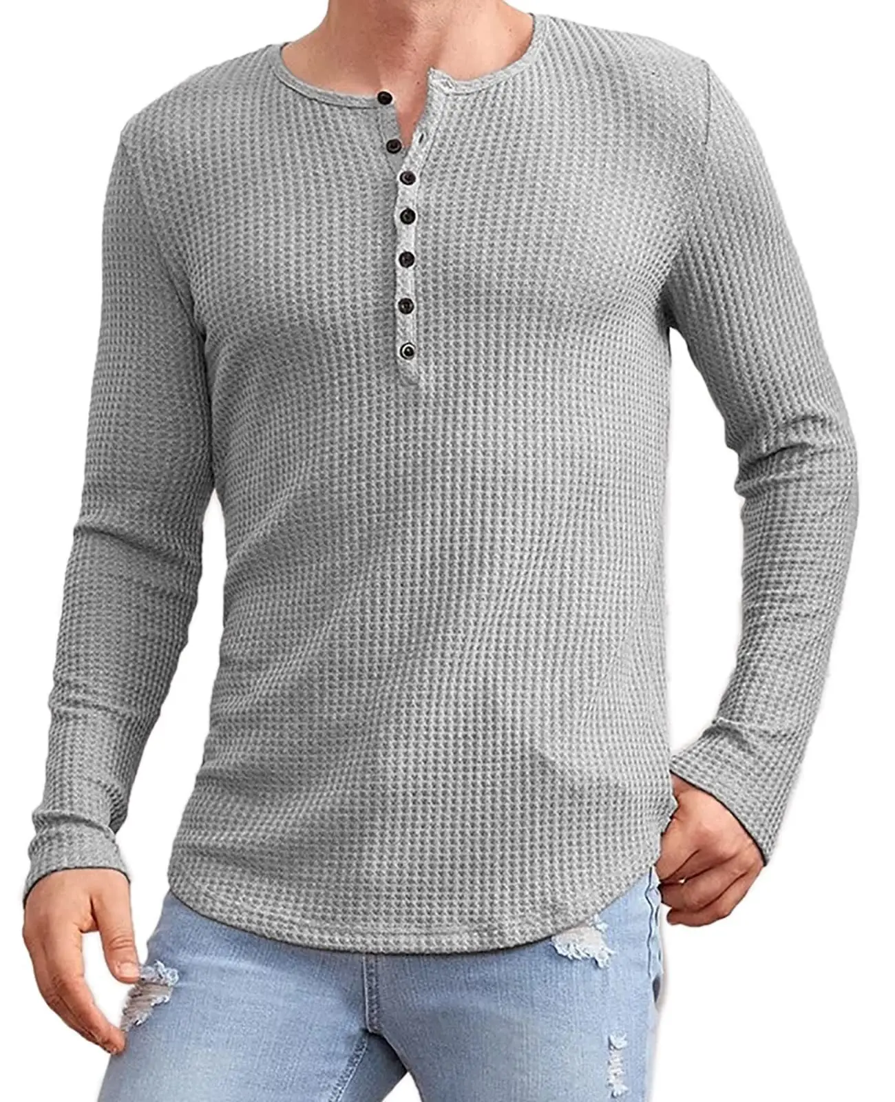 

2022 Spring Summer Men's Round Neck Button Pullover Casual Top Fashion Long Sleeve Skinny Knit T-shirt Waffle Henry Neck