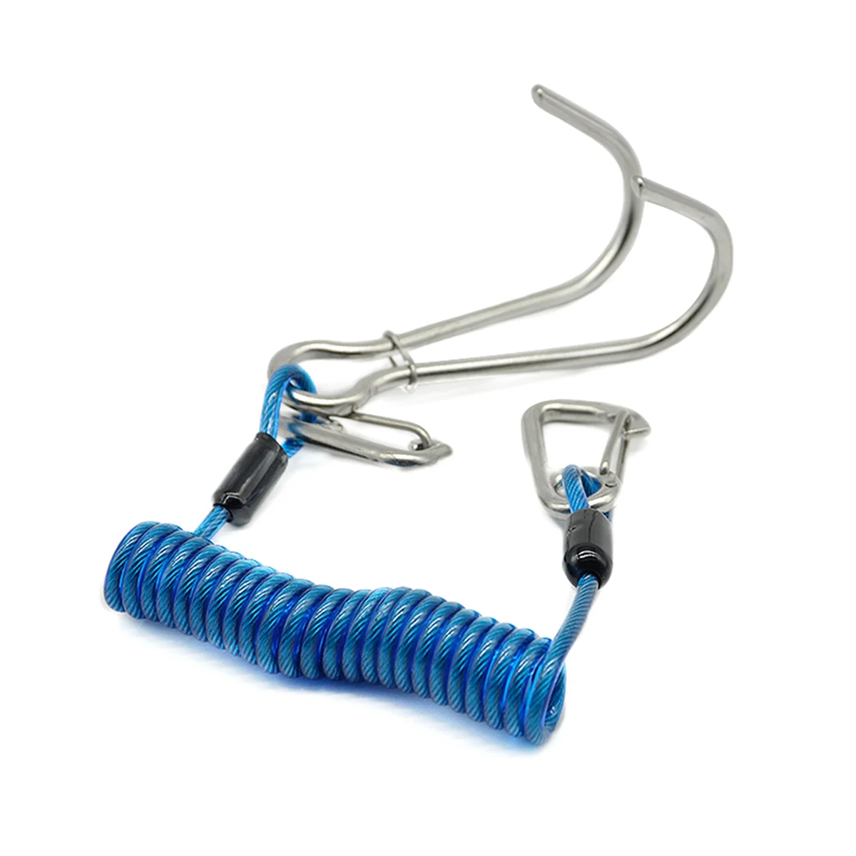 

Двойная головка, крючок для рафтинга, трос из нержавеющей стали, спиральный пружинный шнур, безопасный аксессуар для дайвинга-синий